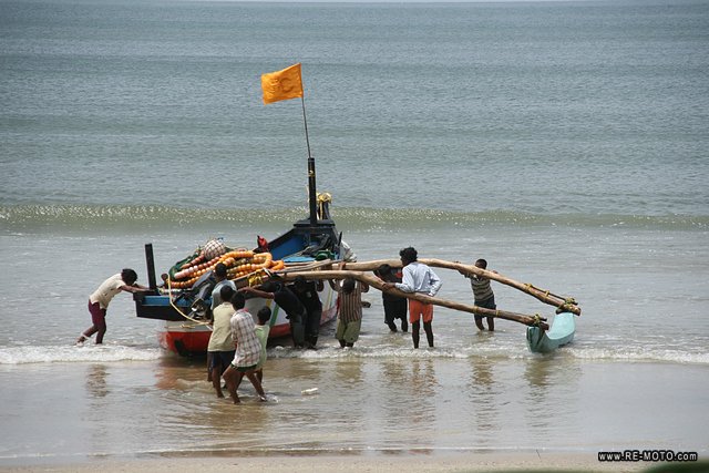 A fishing boat reaches the shore.